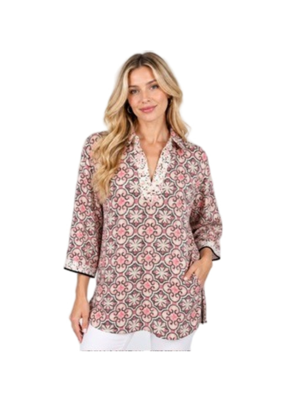 Foxcroft Relaxed Fit Non Iron Blouse Tile Medallion Printed Boho Tunic Top Sz 14